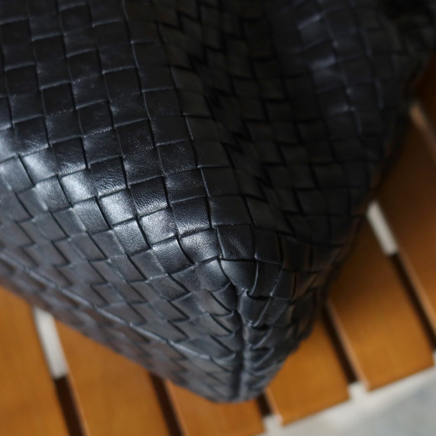 Bottega Veneta Vintage Black Leather Intrecciato Weave Knots Shoulder Bag