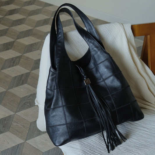 Chanel Vintage Black Square Stitching CC Tassel Hobo Tote Bag M