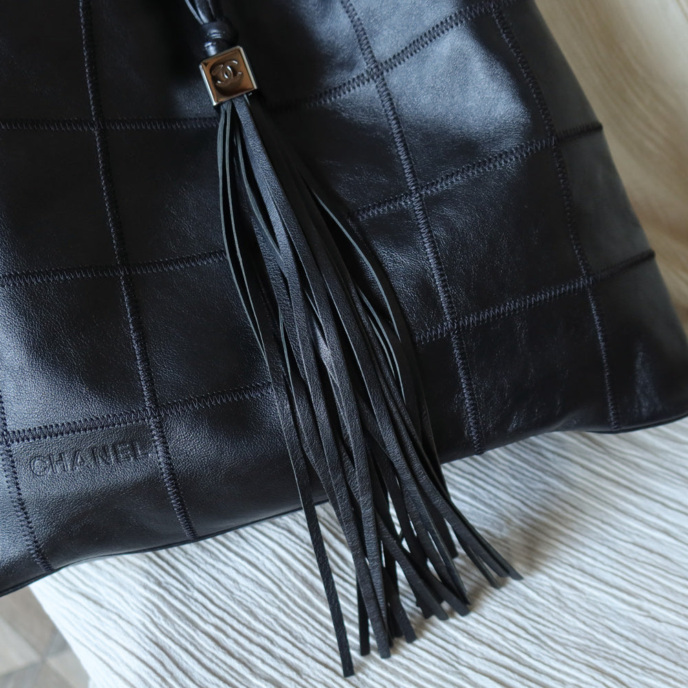 Chanel Vintage Black Square Stitching CC Tassel Hobo Tote Bag M