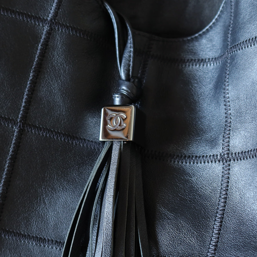 Chanel Vintage Black Square Stitching CC Tassel Hobo Tote Bag M