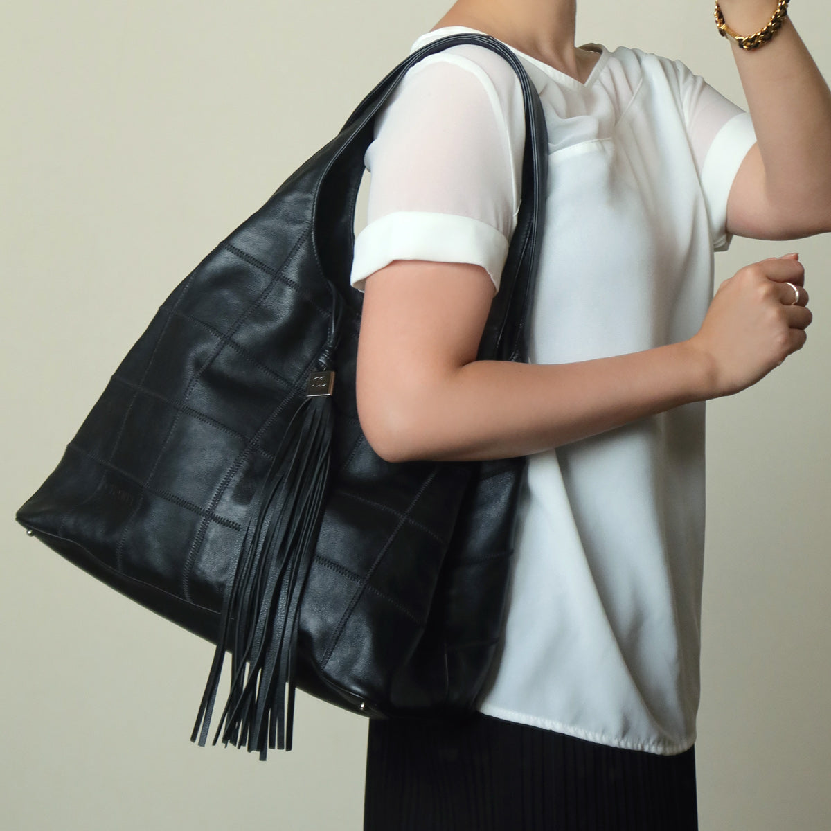 Chanel Vintage Black Square Stitching CC Tassel Hobo Tote Bag M
