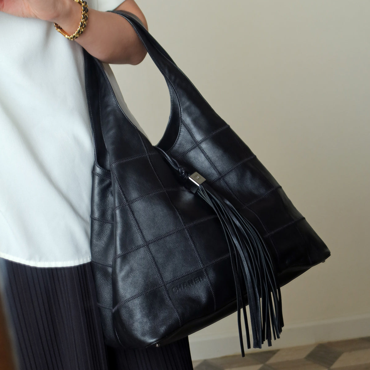 Chanel Vintage Black Square Stitching CC Tassel Hobo Tote Bag M