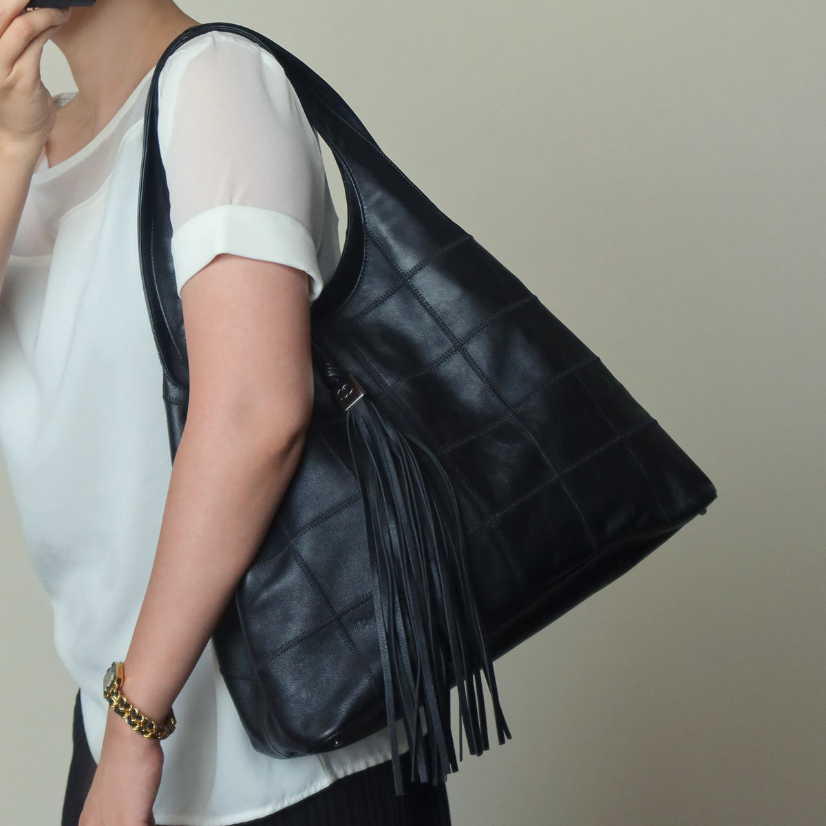 Chanel Vintage Black Square Stitching CC Tassel Hobo Tote Bag M
