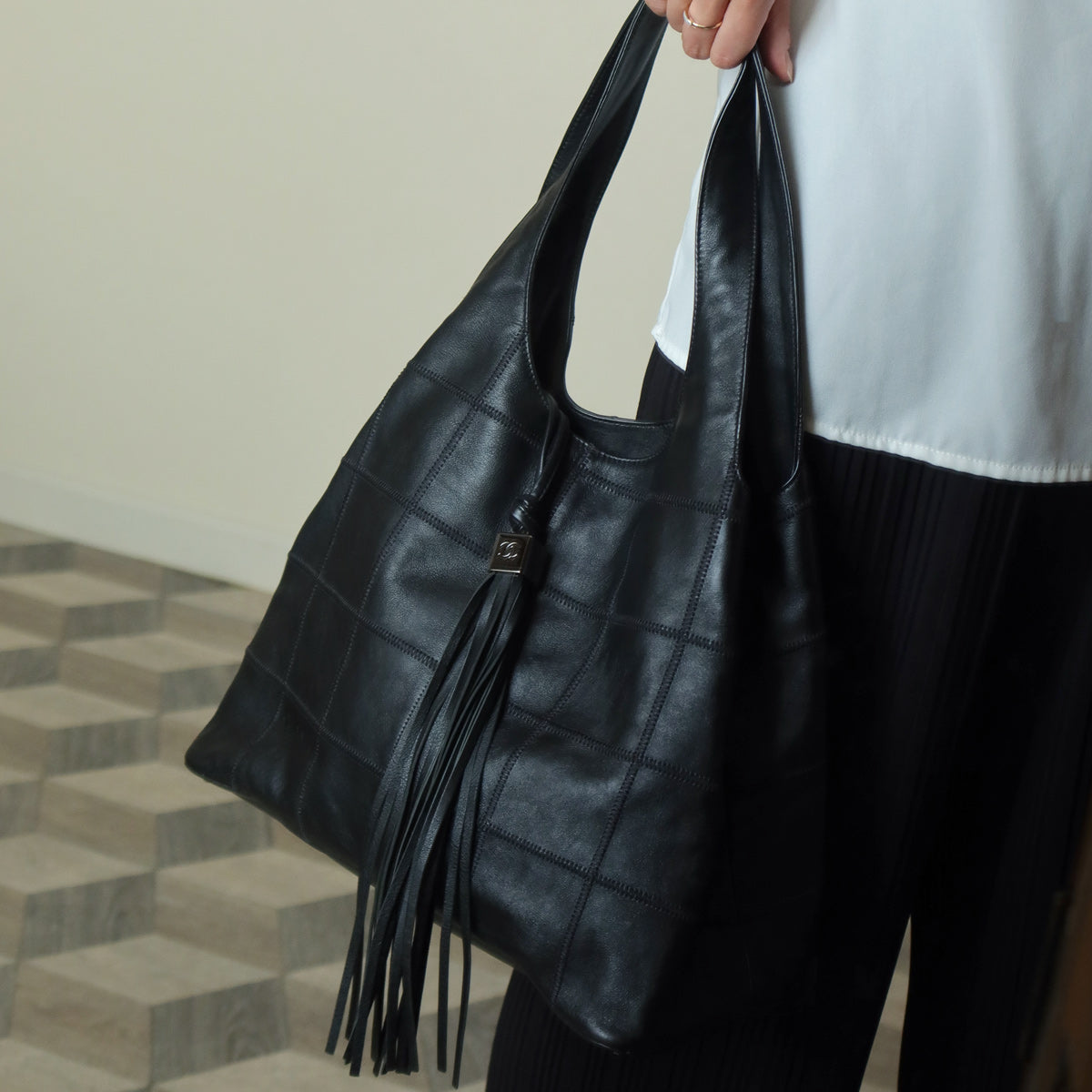 Chanel Vintage Black Square Stitching CC Tassel Hobo Tote Bag M