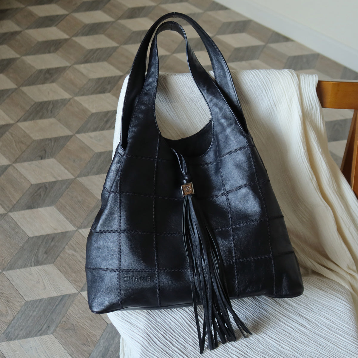 Chanel Vintage Black Square Stitching CC Tassel Hobo Tote Bag M