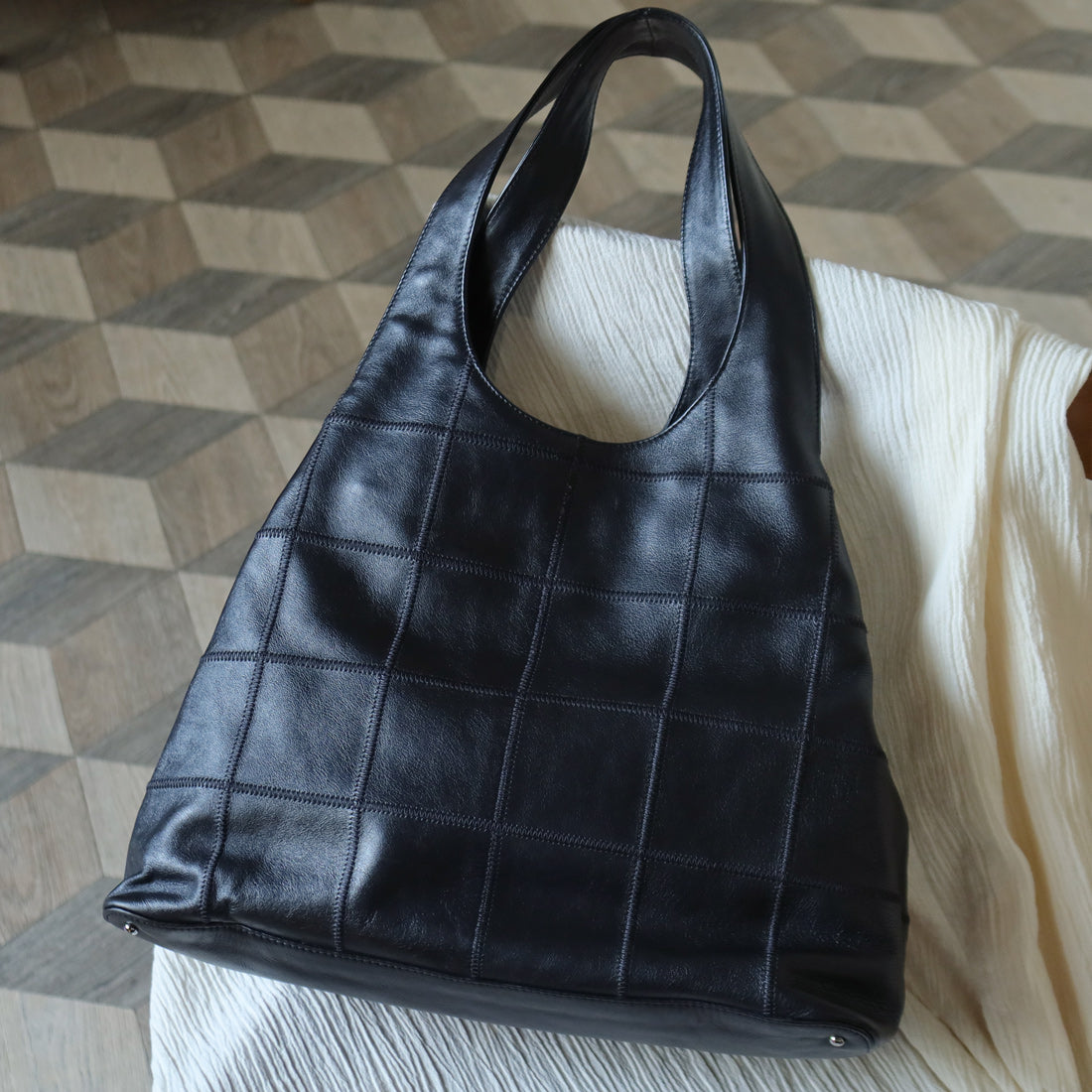 Chanel Vintage Black Square Stitching CC Tassel Hobo Tote Bag M