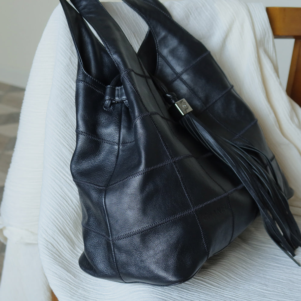 Chanel Vintage Black Square Stitching CC Tassel Hobo Tote Bag M
