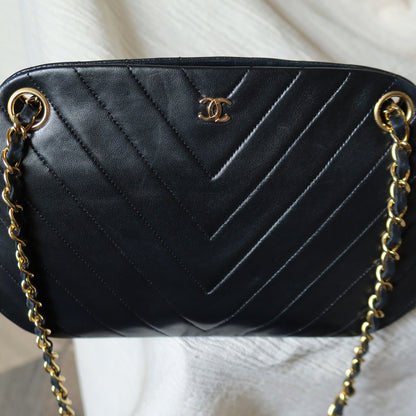 Chanel Vintage Black Lambskin Chevron Quilted CC mark Kiss Lock Bag