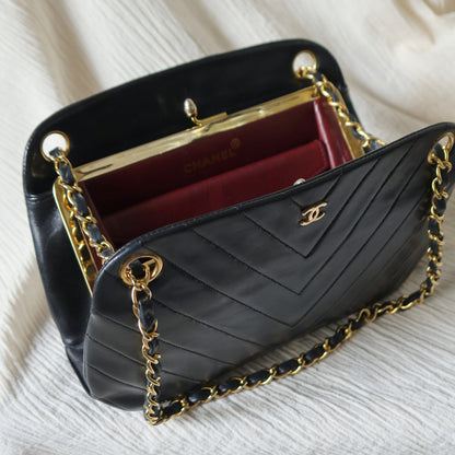 Chanel Vintage Black Lambskin Chevron Quilted CC mark Kiss Lock Bag