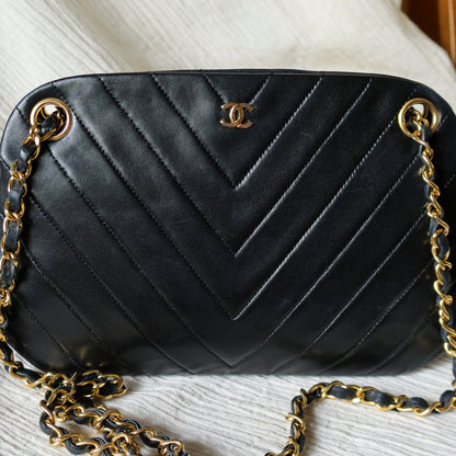 Chanel Vintage Black Lambskin Chevron Quilted CC mark Kiss Lock Bag