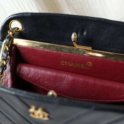 Chanel Vintage Black Lambskin Chevron Quilted CC mark Kiss Lock Bag