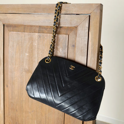 Chanel Vintage Black Lambskin Chevron Quilted CC mark Kiss Lock Bag