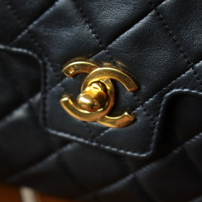 Vintage Chanel Black Lambskin Matelassé CC Turn lock Classic Mini Kelly Bag