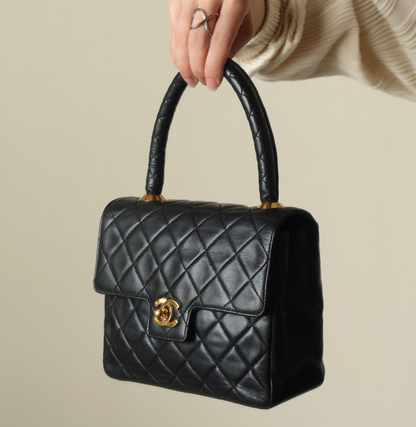 Vintage Chanel Black Lambskin Matelassé CC Turn lock Classic Mini Kelly Bag