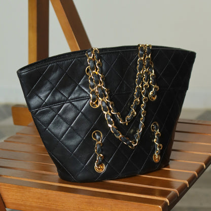 Vintage Chanel Black Lambskin Matelassé Quilted CC mark 2 way Basket Bag