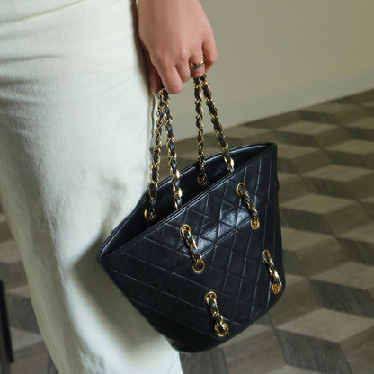 Vintage Chanel Black Lambskin Matelassé Quilted CC mark 2 way Basket Bag