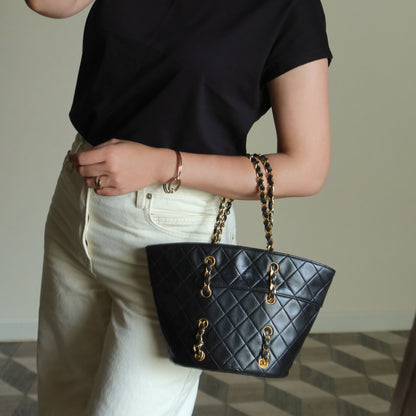 Vintage Chanel Black Lambskin Matelassé Quilted CC mark 2 way Basket Bag