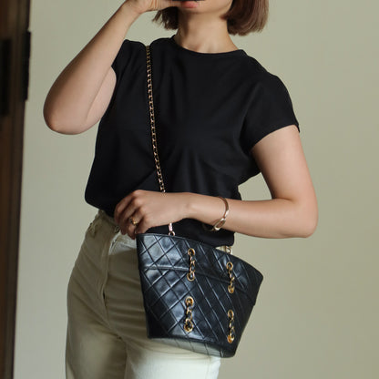 Vintage Chanel Black Lambskin Matelassé Quilted CC mark 2 way Basket Bag