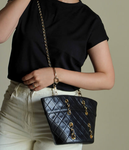 Vintage Chanel Black Lambskin Matelassé Quilted CC mark 2 way Basket Bag