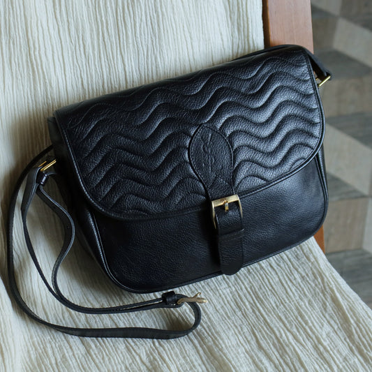 Yves Saint Laurent YSL Vintage Black Leather Wave Stitching Shoulder Flap Bag