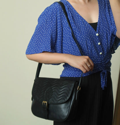 Yves Saint Laurent YSL Vintage Black Leather Wave Stitching Shoulder Flap Bag