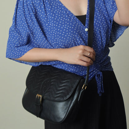 Yves Saint Laurent YSL Vintage Black Leather Wave Stitching Shoulder Flap Bag
