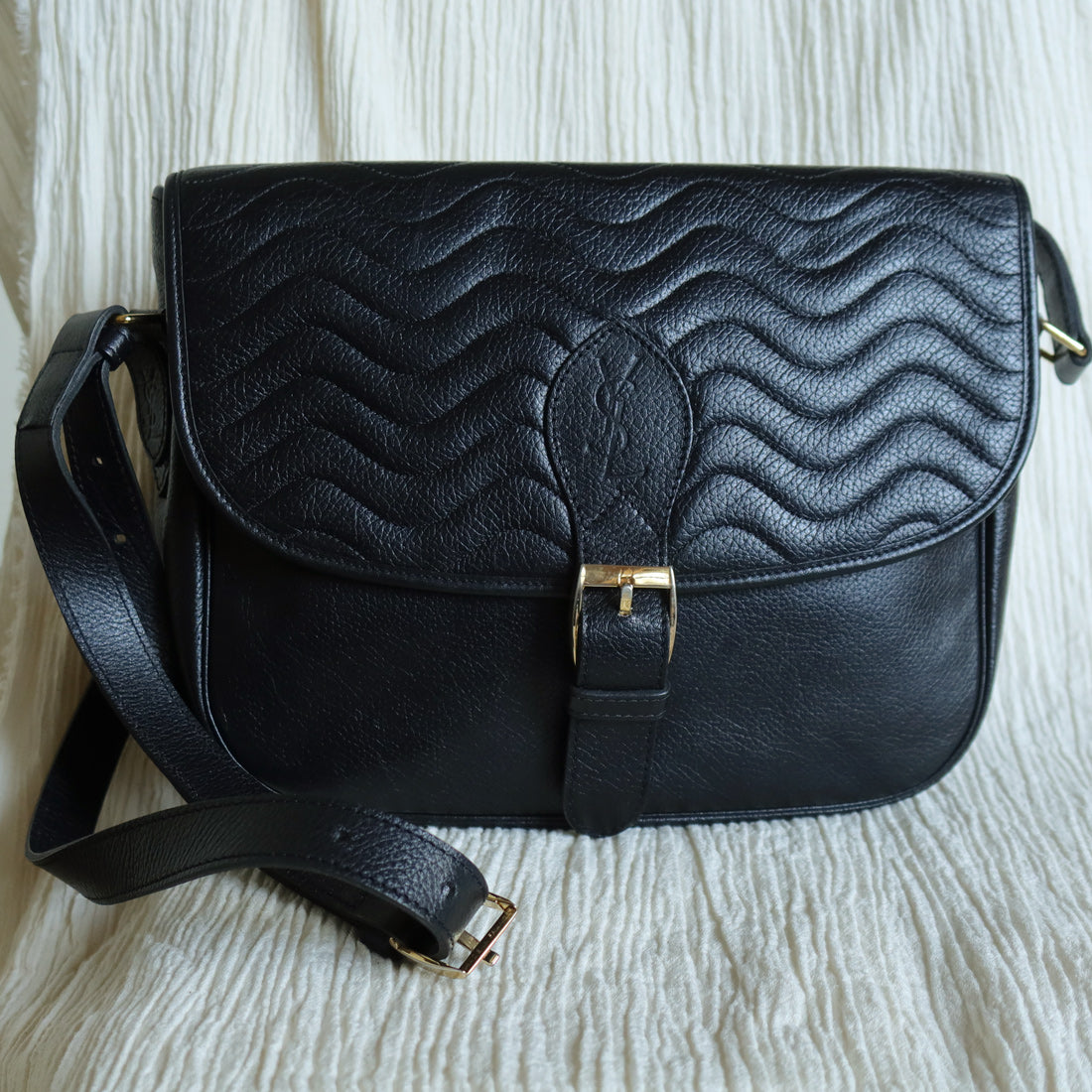 Yves Saint Laurent YSL Vintage Black Leather Wave Stitching Shoulder Flap Bag