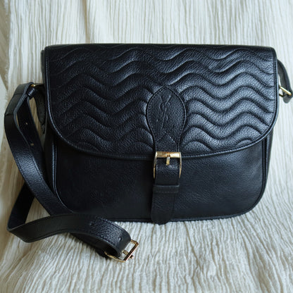 Yves Saint Laurent YSL Vintage Black Leather Wave Stitching Shoulder Flap Bag