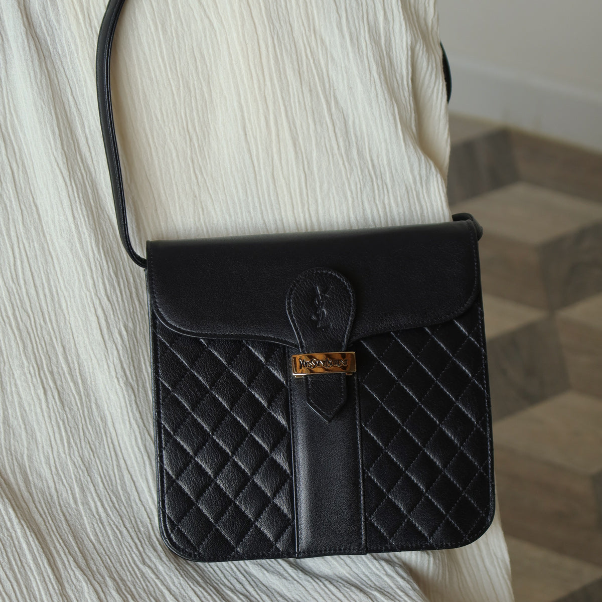 Yves Saint Laurent YSL Vintage Black Leather Quilted Gold Buckle Shoulder Flap bag