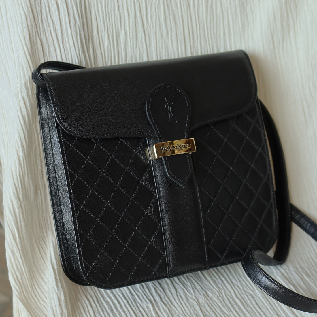 Yves Saint Laurent YSL Vintage Black Leather Quilted Gold Buckle Shoulder Flap bag