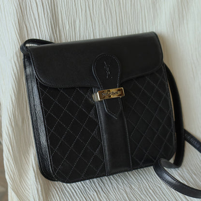 Yves Saint Laurent YSL Vintage Black Leather Quilted Gold Buckle Shoulder Flap bag
