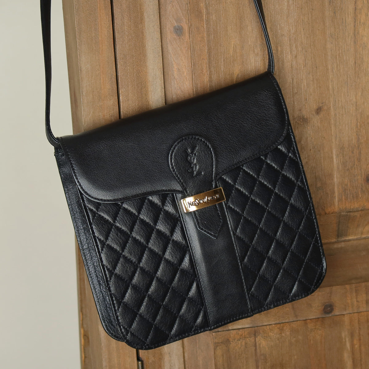 Yves Saint Laurent YSL Vintage Black Leather Quilted Gold Buckle Shoulder Flap bag
