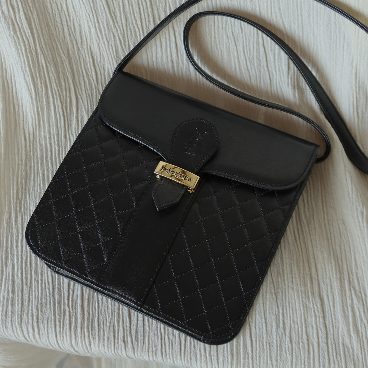 Yves Saint Laurent YSL Vintage Black Leather Quilted Gold Buckle Shoulder Flap bag