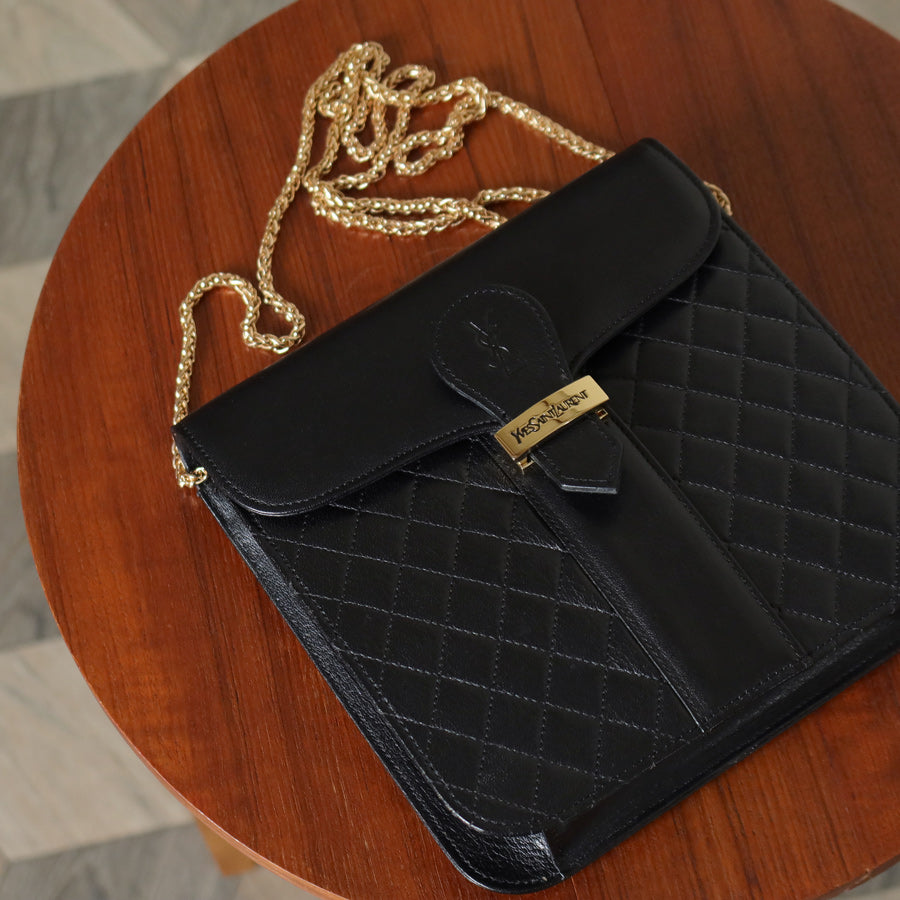 Yves Saint Laurent YSL Vintage Black Leather Quilted Gold Buckle Shoulder Flap bag