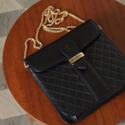 Yves Saint Laurent YSL Vintage Black Leather Quilted Gold Buckle Shoulder Flap bag