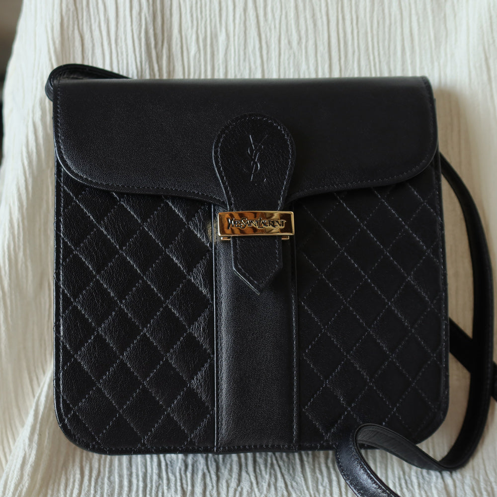 Yves Saint Laurent YSL Vintage Black Leather Quilted Gold Buckle Shoulder Flap bag