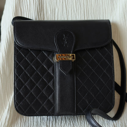 Yves Saint Laurent YSL Vintage Black Leather Quilted Gold Buckle Shoulder Flap bag