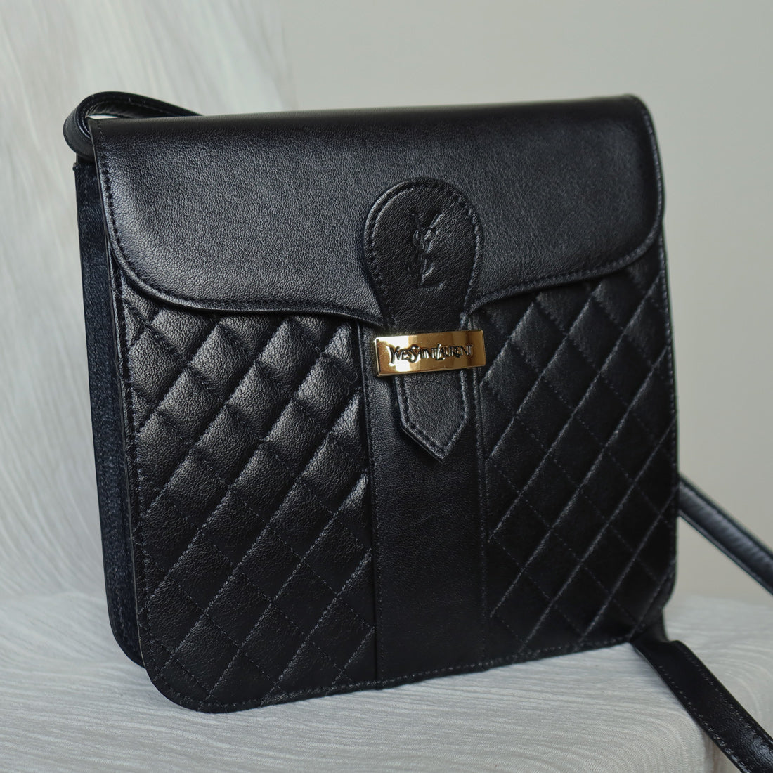 Yves Saint Laurent YSL Vintage Black Leather Quilted Gold Buckle Shoulder Flap bag