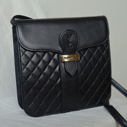 Yves Saint Laurent YSL Vintage Black Leather Quilted Gold Buckle Shoulder Flap bag
