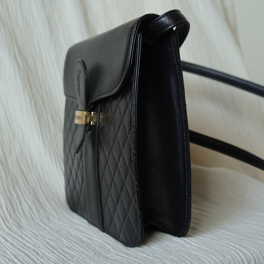 Yves Saint Laurent YSL Vintage Black Leather Quilted Gold Buckle Shoulder Flap bag