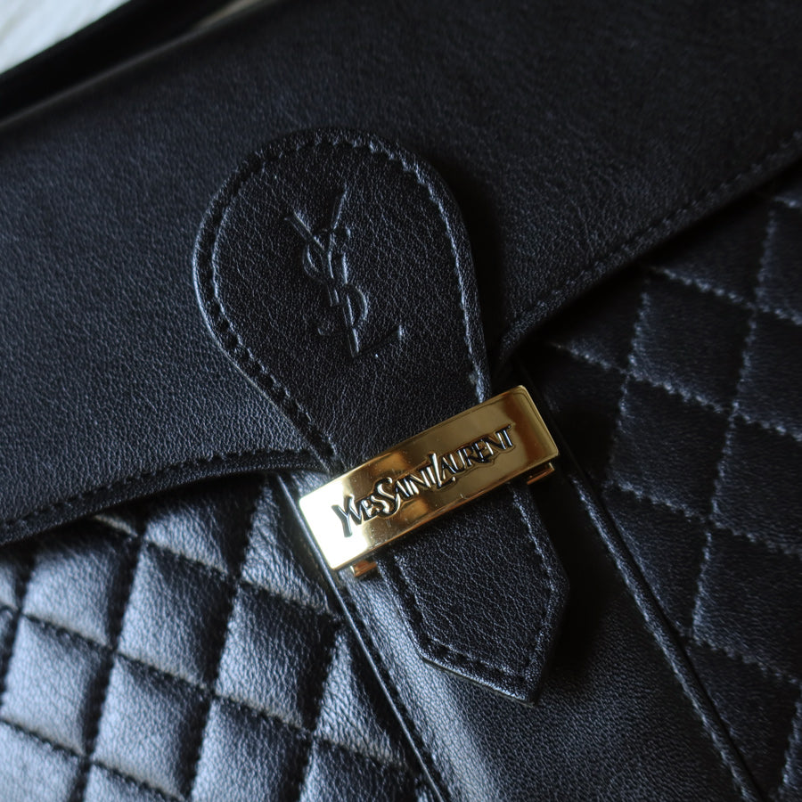 Yves Saint Laurent YSL Vintage Black Leather Quilted Gold Buckle Shoulder Flap bag