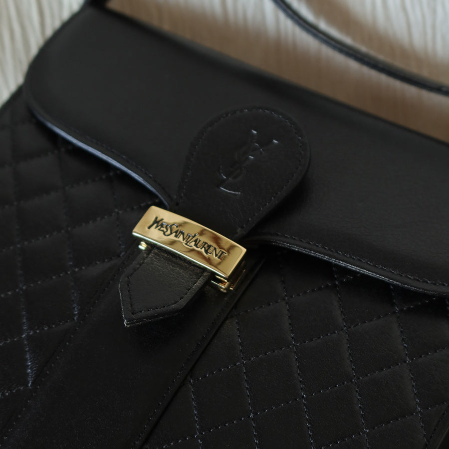 Yves Saint Laurent YSL Vintage Black Leather Quilted Gold Buckle Shoulder Flap bag