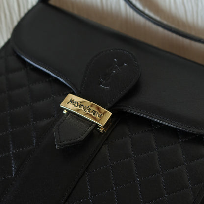 Yves Saint Laurent YSL Vintage Black Leather Quilted Gold Buckle Shoulder Flap bag