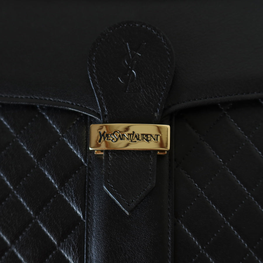 Yves Saint Laurent YSL Vintage Black Leather Quilted Gold Buckle Shoulder Flap bag