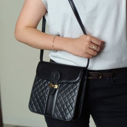 Yves Saint Laurent YSL Vintage Black Leather Quilted Gold Buckle Shoulder Flap bag