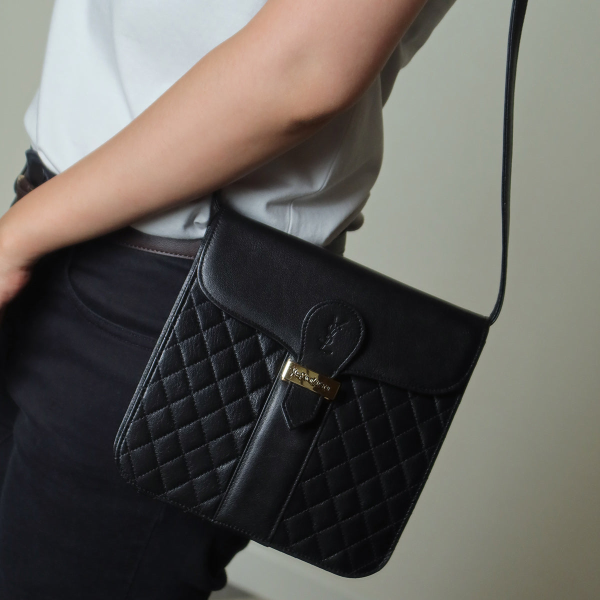 Yves Saint Laurent YSL Vintage Black Leather Quilted Gold Buckle Shoulder Flap bag