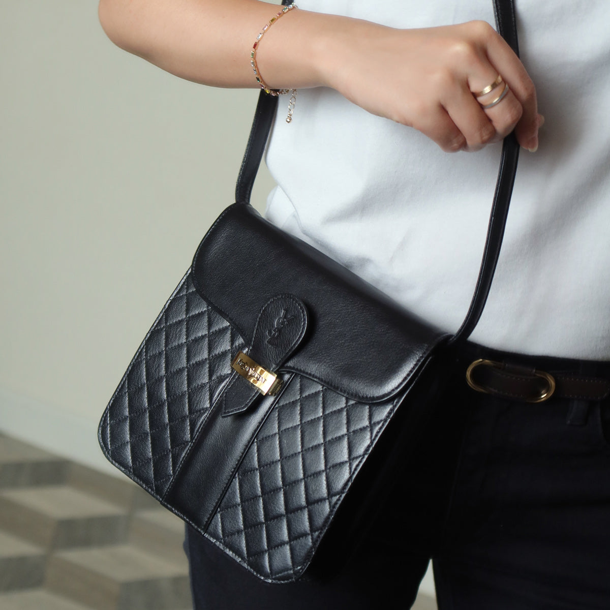 Yves Saint Laurent YSL Vintage Black Leather Quilted Gold Buckle Shoulder Flap bag