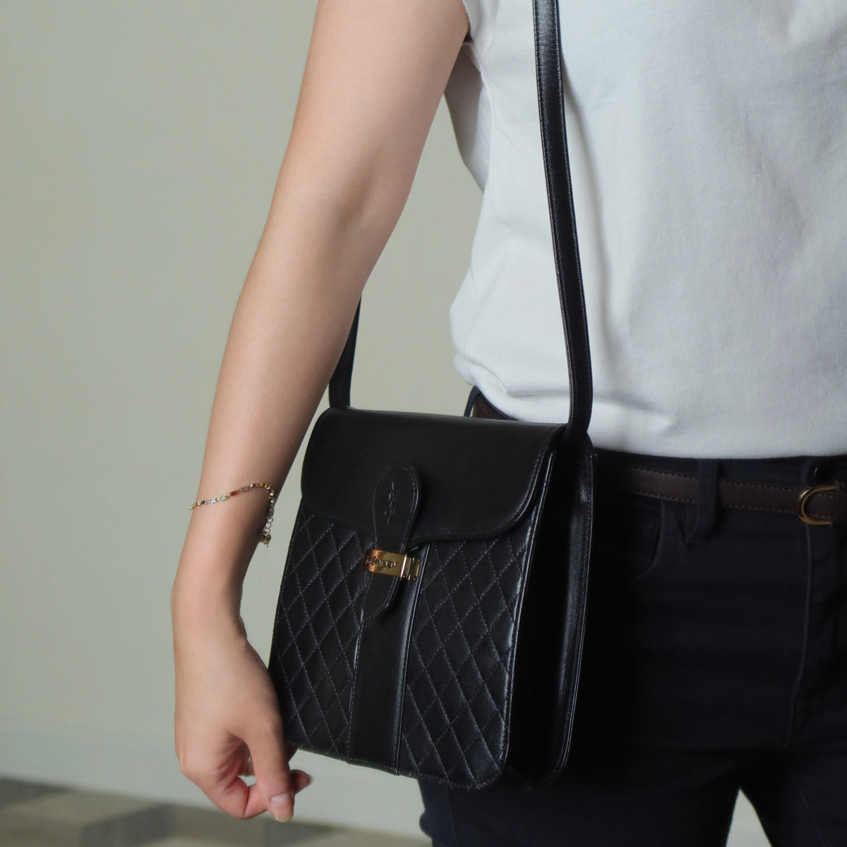Yves Saint Laurent YSL Vintage Black Leather Quilted Gold Buckle Shoulder Flap bag