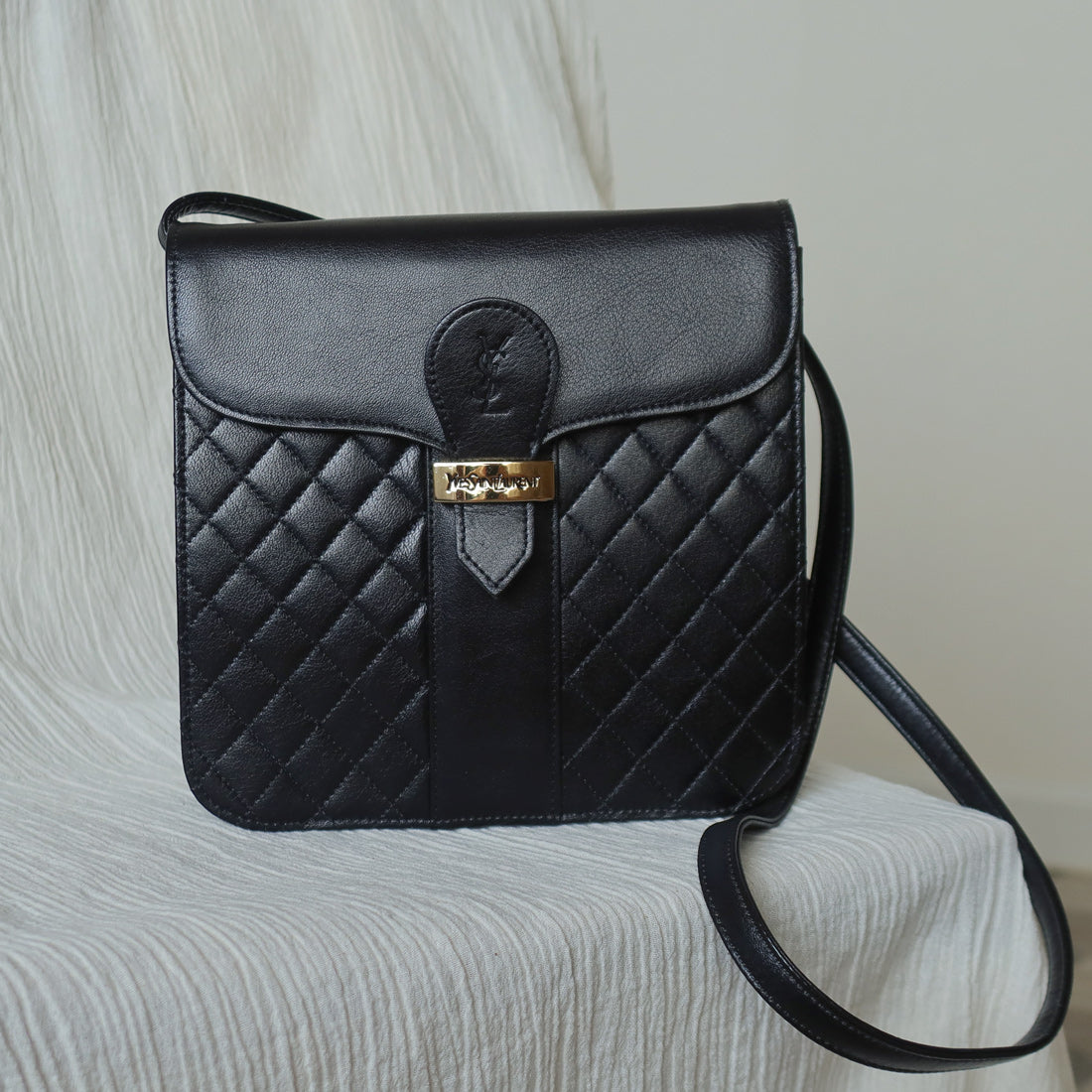 Yves Saint Laurent YSL Vintage Black Leather Quilted Gold Buckle Shoulder Flap bag